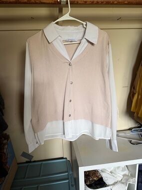 Sioni White Blouse with Blush Pink Knit Vest Illusion